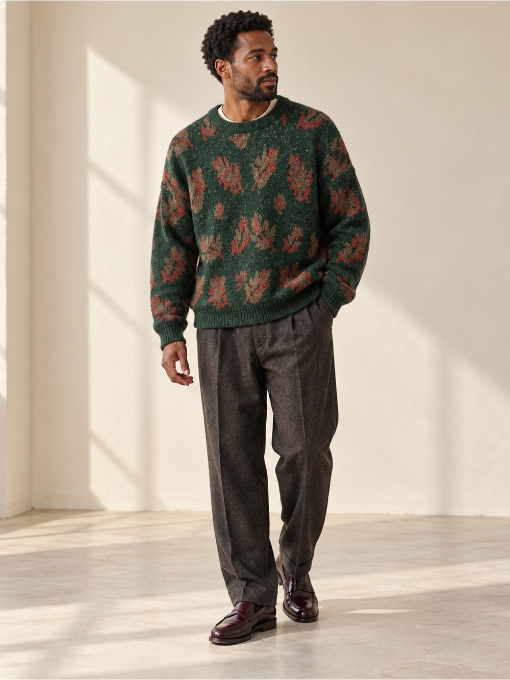 Vintage Forest Green Leaf Jacquard Grandpa Sweater Wool Blend Sz L